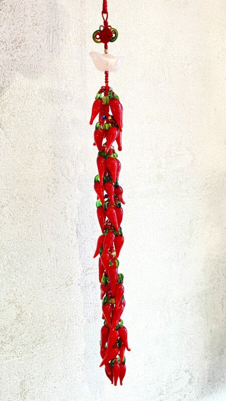 愛の魔除けと財運THE唐辛子ロング飾り 〜ローズクォーツの元寶つき〜