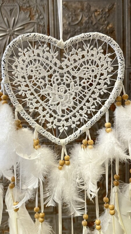 愛を掴む💛直径17センチ!悪いものを消滅させ夢を掴む🕸ドリームキャッチャーラージ レースハート ホワイト
