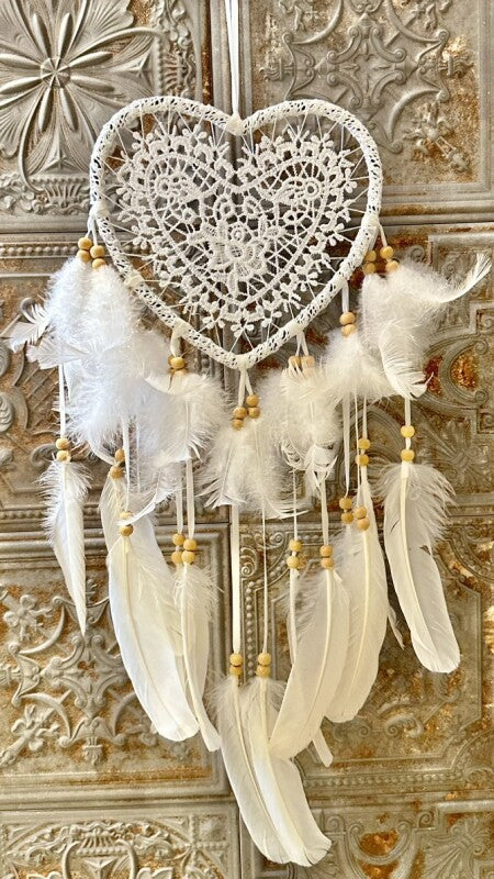 愛を掴む💛直径17センチ!悪いものを消滅させ夢を掴む🕸ドリームキャッチャーラージ レースハート ホワイト