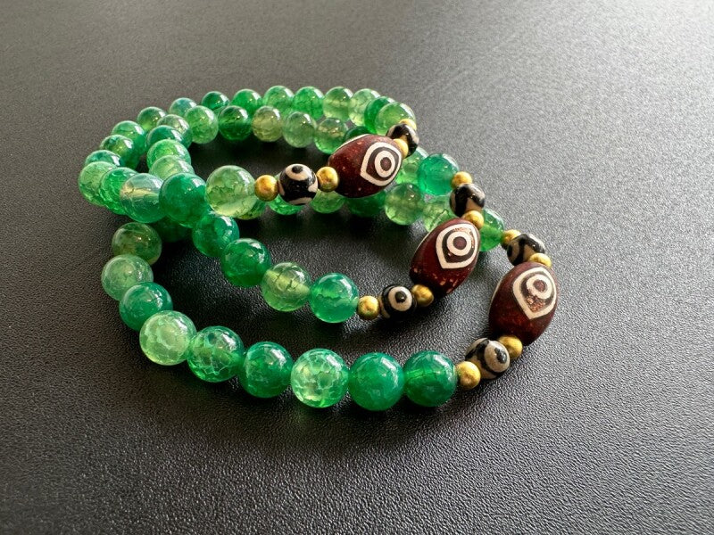 幸福と富と長寿を叶える!三眼天珠&グリーン瑪瑙 ブレスレット