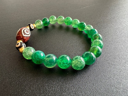 幸福と富と長寿を叶える!三眼天珠&グリーン瑪瑙 ブレスレット