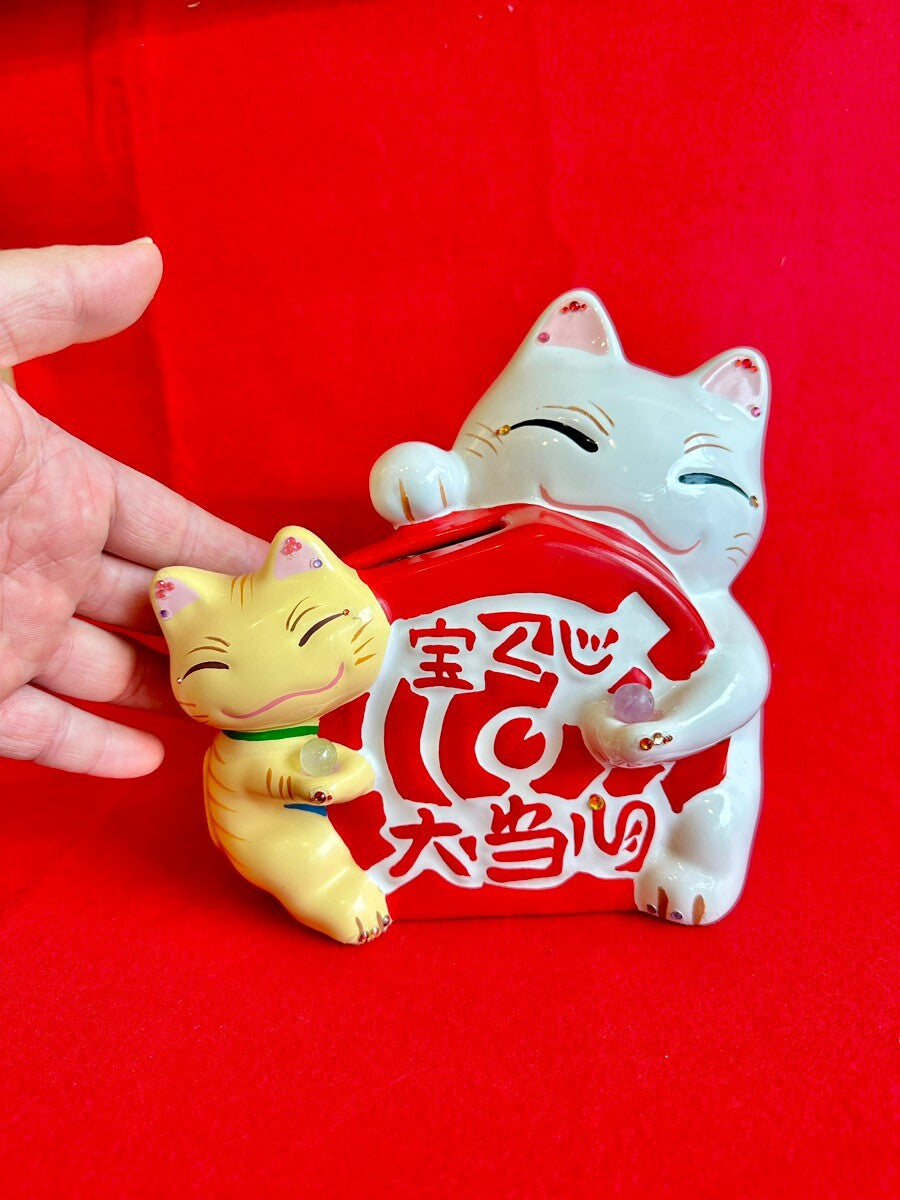 大当たり!!お金招き猫 宝くじ入れ 天然石付き💍