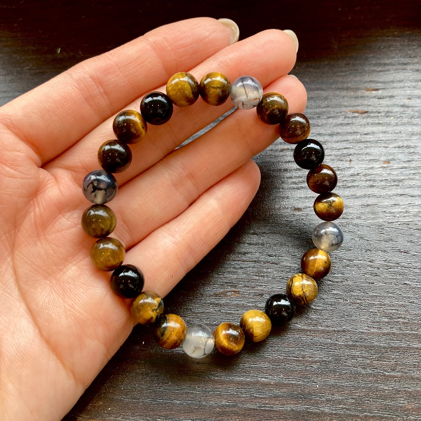 悪い気を跳ね返し金運・仕事運 UP タイガーアイ&ドラゴンアゲート&オニキス ブレスレット