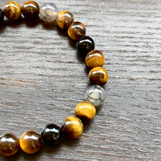 悪い気を跳ね返し金運・仕事運 UP タイガーアイ&ドラゴンアゲート&オニキス ブレスレット