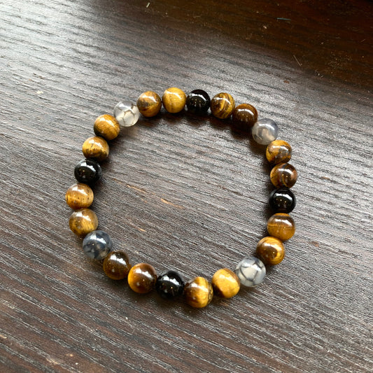 悪い気を跳ね返し金運・仕事運 UP タイガーアイ&ドラゴンアゲート&オニキス ブレスレット