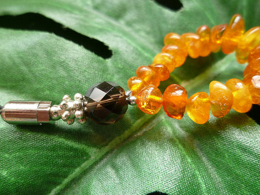 【値下げ!】古代からのスピリチュアルパワー☆琥珀と煙水晶 ストラップ