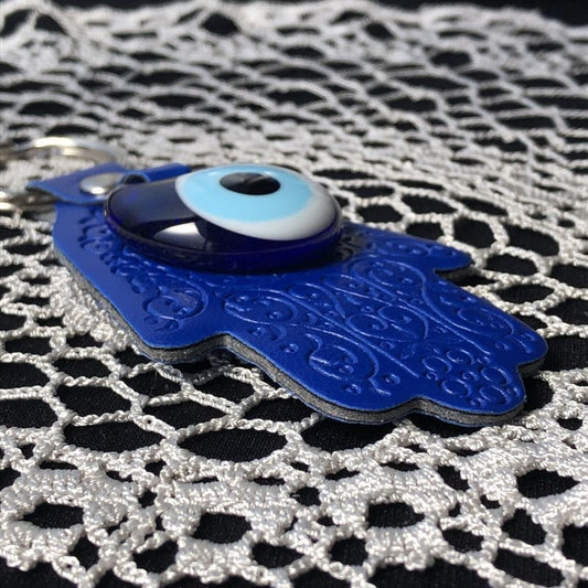 魔除けのお守り★ハムサ&ナザールボンジュウ★レザーキーリング【ブルー】