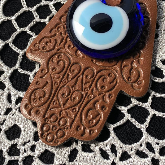 魔除けのお守り★ハムサ&ナザールボンジュウ★レザーキーリング【ブラウン】