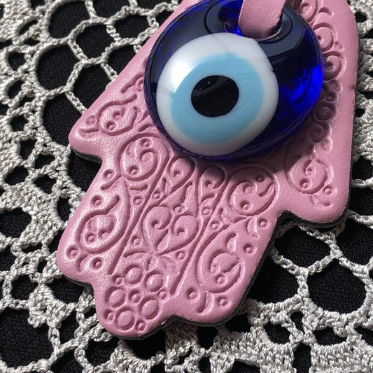 魔除けのお守り★ハムサ&ナザールボンジュウ★レザーキーリング【ピンク】