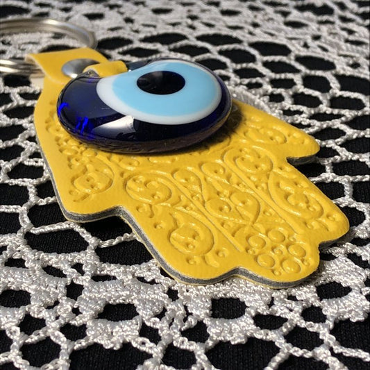 【期間限定特価品】魔除けのお守り★ハムサ&ナザールボンジュウ★レザーキーリング【イエロー】