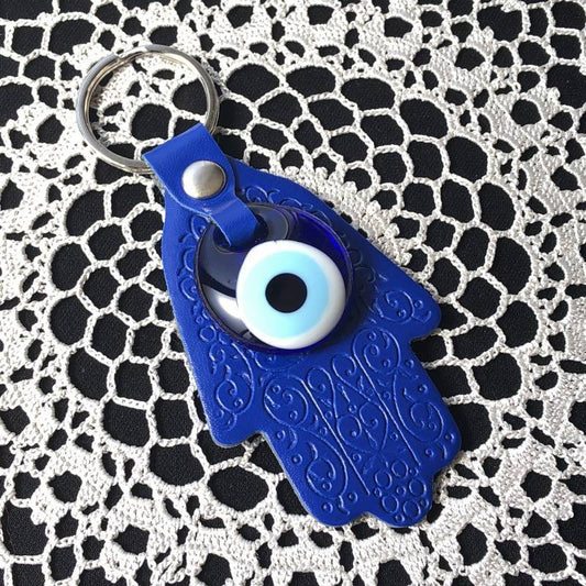 魔除けのお守り★ハムサ&ナザールボンジュウ★レザーキーリング【ブルー】
