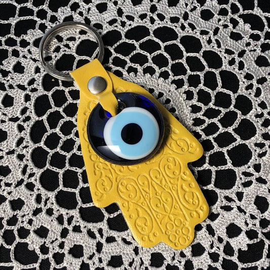 【期間限定特価品】魔除けのお守り★ハムサ&ナザールボンジュウ★レザーキーリング【イエロー】