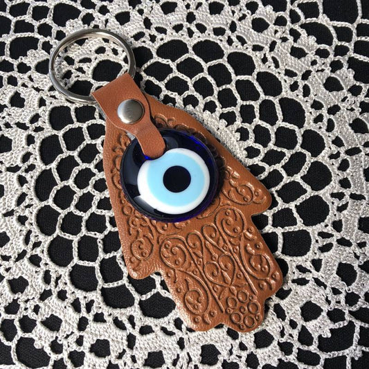 魔除けのお守り★ハムサ&ナザールボンジュウ★レザーキーリング【ブラウン】