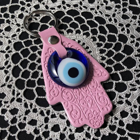 魔除けのお守り★ハムサ&ナザールボンジュウ★レザーキーリング【ピンク】