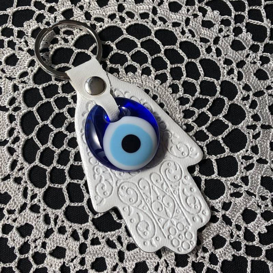 魔除けのお守り★ハムサ&ナザールボンジュウ★レザーキーリング【ホワイト】