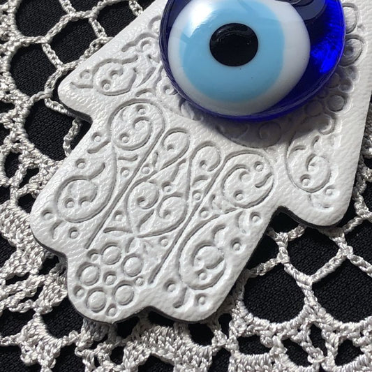 魔除けのお守り★ハムサ&ナザールボンジュウ★レザーキーリング【ホワイト】