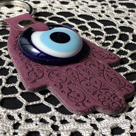 魔除けのお守り★ハムサ&ナザールボンジュウ★レザーキーリング【パープル】