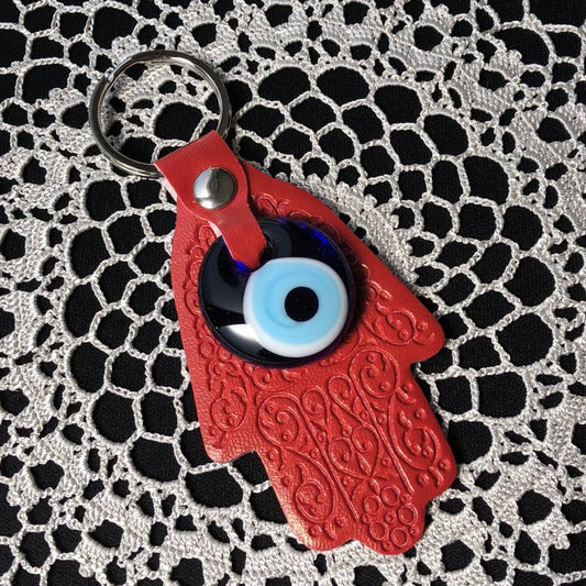 【期間限定特価品】魔除けのお守り★ハムサ&ナザールボンジュウ★レザーキーリング【レッド】