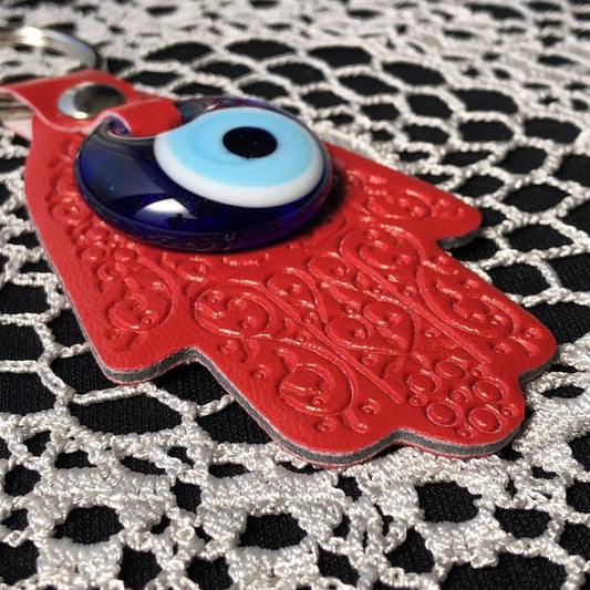 【期間限定特価品】魔除けのお守り★ハムサ&ナザールボンジュウ★レザーキーリング【レッド】