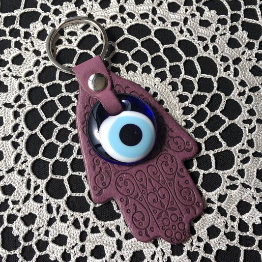 魔除けのお守り★ハムサ&ナザールボンジュウ★レザーキーリング【パープル】