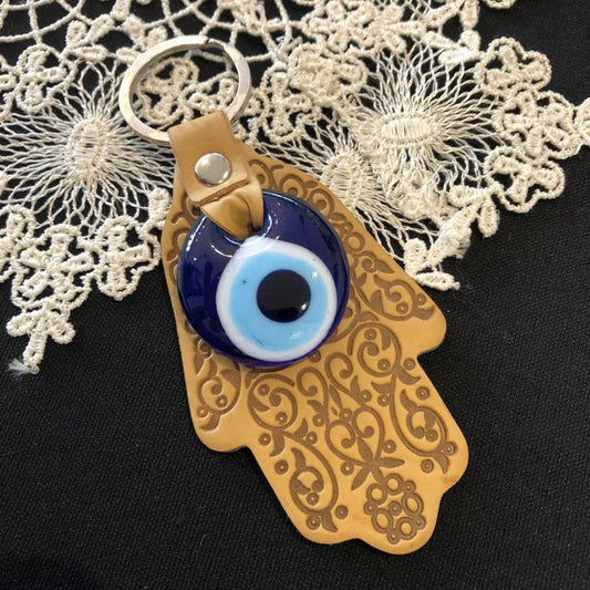 魔除けのお守り★ハムサ&ナザールボンジュウ★レザーキーリング【ベージュ】