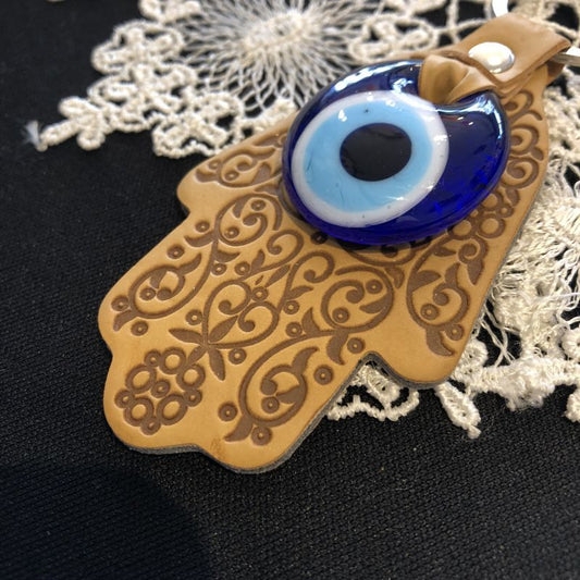 魔除けのお守り★ハムサ&ナザールボンジュウ★レザーキーリング【ベージュ】