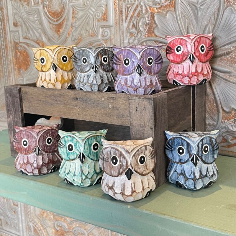 幸福・木彫りふくろう 赤