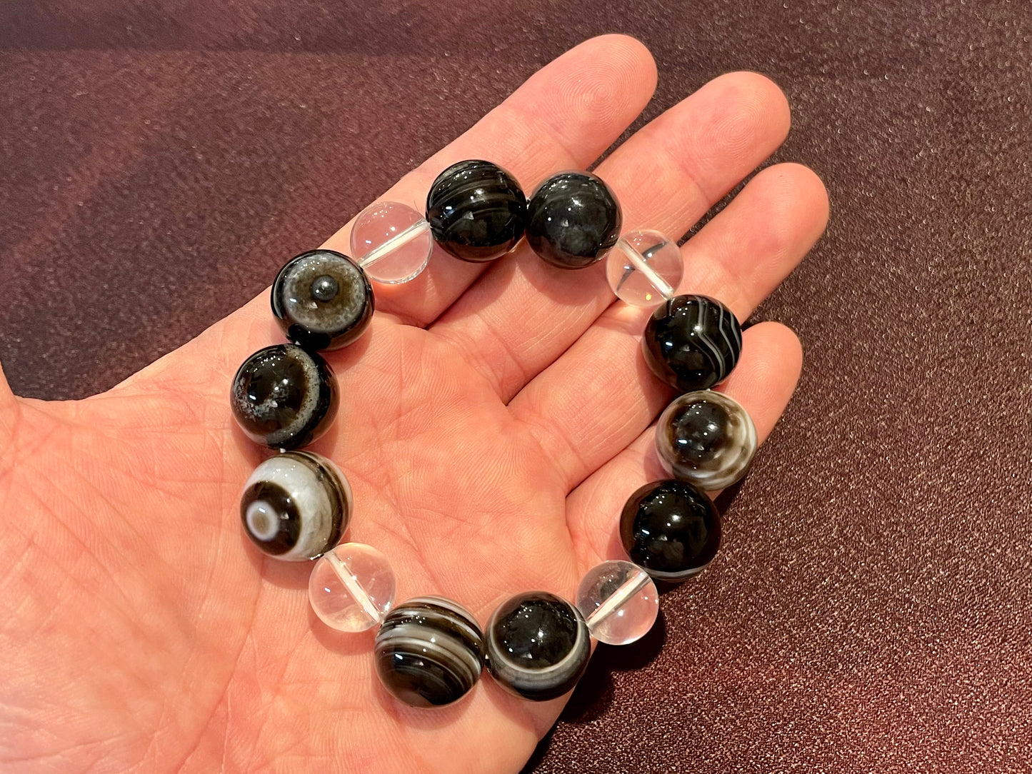 大玉!邪気払い!未来を見通す ブラック天眼石16ミリ珠&水晶 ブレスレット