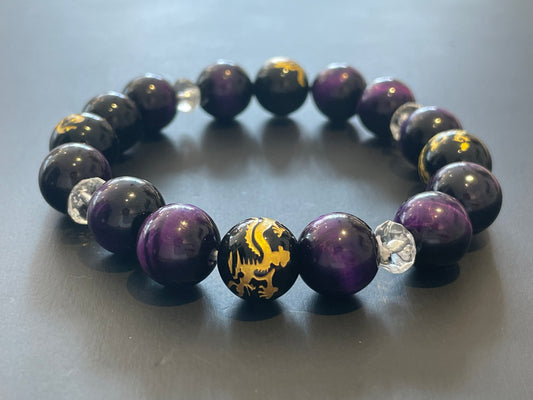 ありとあらゆる運気が上がる!自身の可能性を広げ、金運や仕事運を向上させ チャンスを掴む!霊獣四神彫りオニキス & パープルタイガーアイ ブレスレット