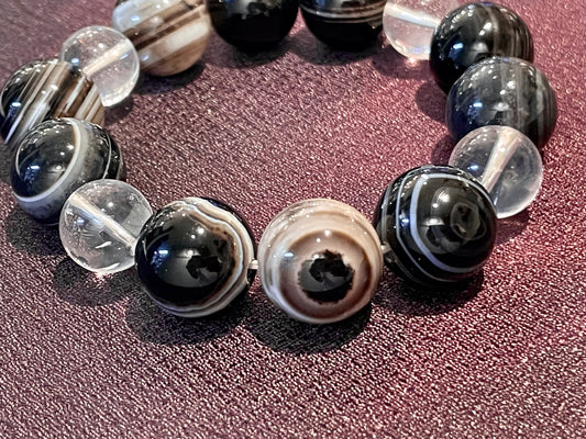 大玉!邪気払い!未来を見通す ブラック天眼石16ミリ珠&水晶 ブレスレット