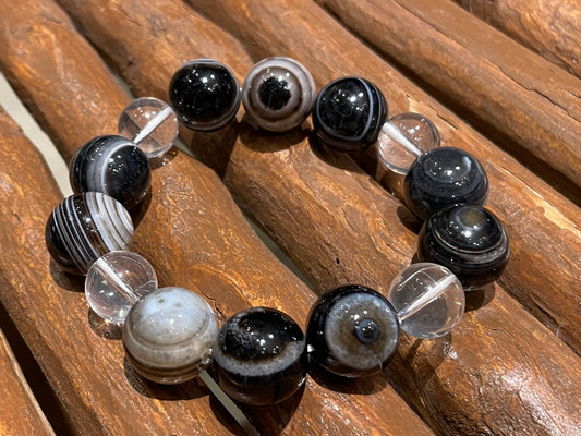 大玉!邪気払い!未来を見通す ブラック天眼石16ミリ珠&水晶 ブレスレット