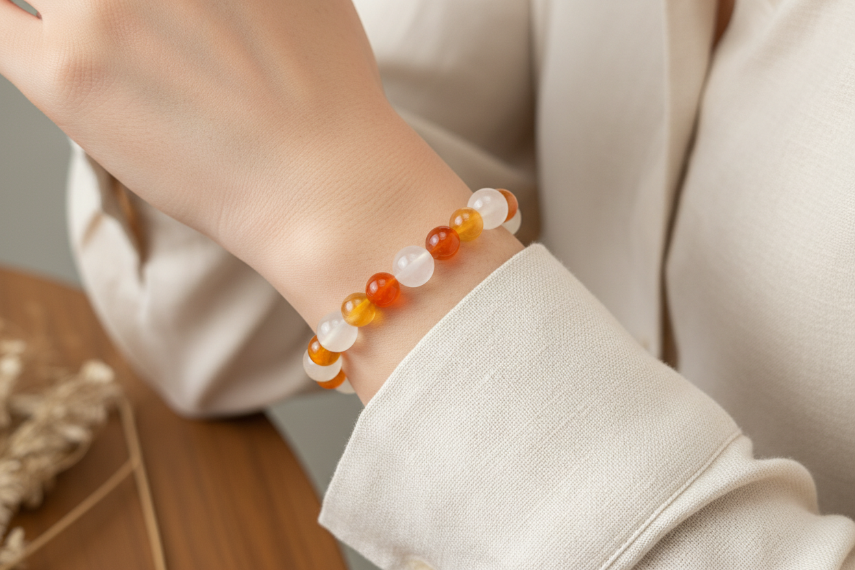 プラスのエネルギーを与え、人間関係を円滑にする。ホワイト＆オレンジカルセドニー ブレスレット