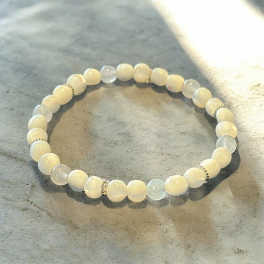 トラウマ癒し・邪気払い・前向きな心を導く。ウィスタリアパープルジェイド＆シェル ブレスレット