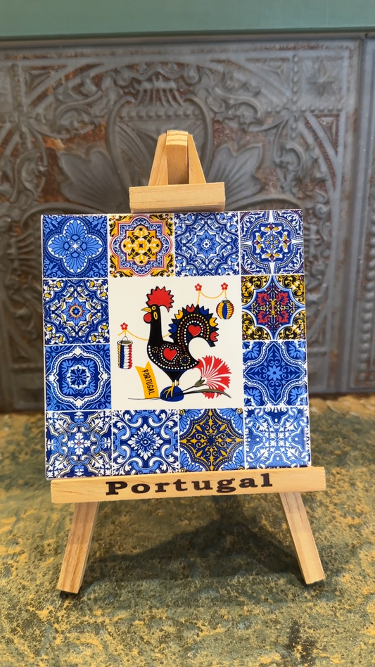 幸運を呼び込む♪ポルトガル🐓奇跡を起こしたバルセロスの雄鶏 伝統的な装飾タイル”アズレージョ” イーゼル付き