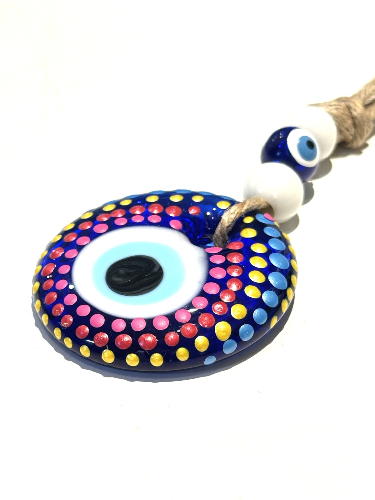魔除けのお守りナザールボンジュウ●手書き柄入り●ジュートロープ編みタッセルチャームD